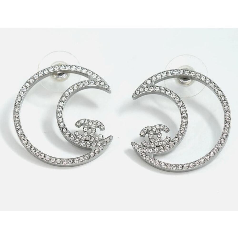 Chanel CC Moon Crystal Earrings | Silver-Tone | 1" | Pierced | Excellent
